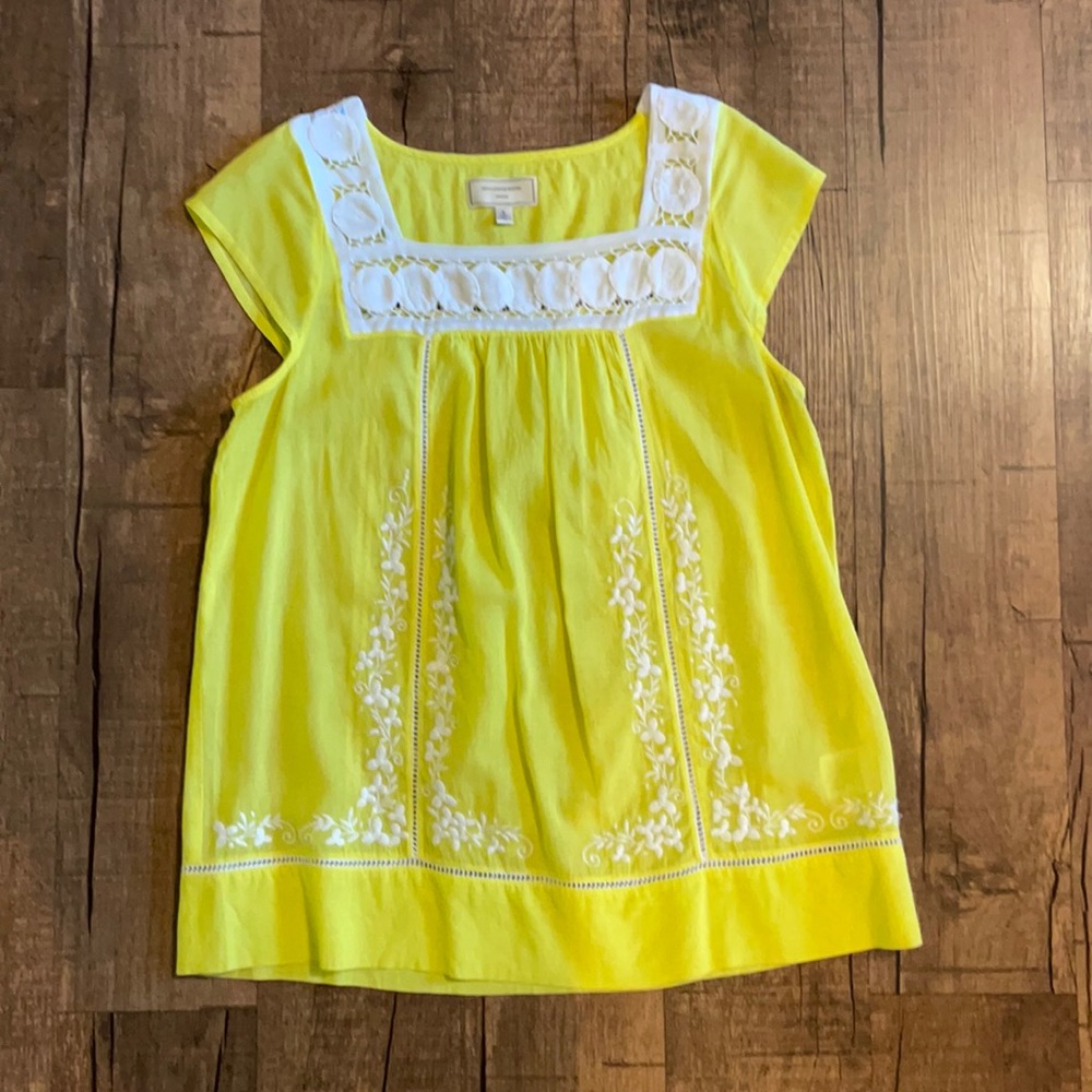 Anthropologie Yellow and white embroidery top